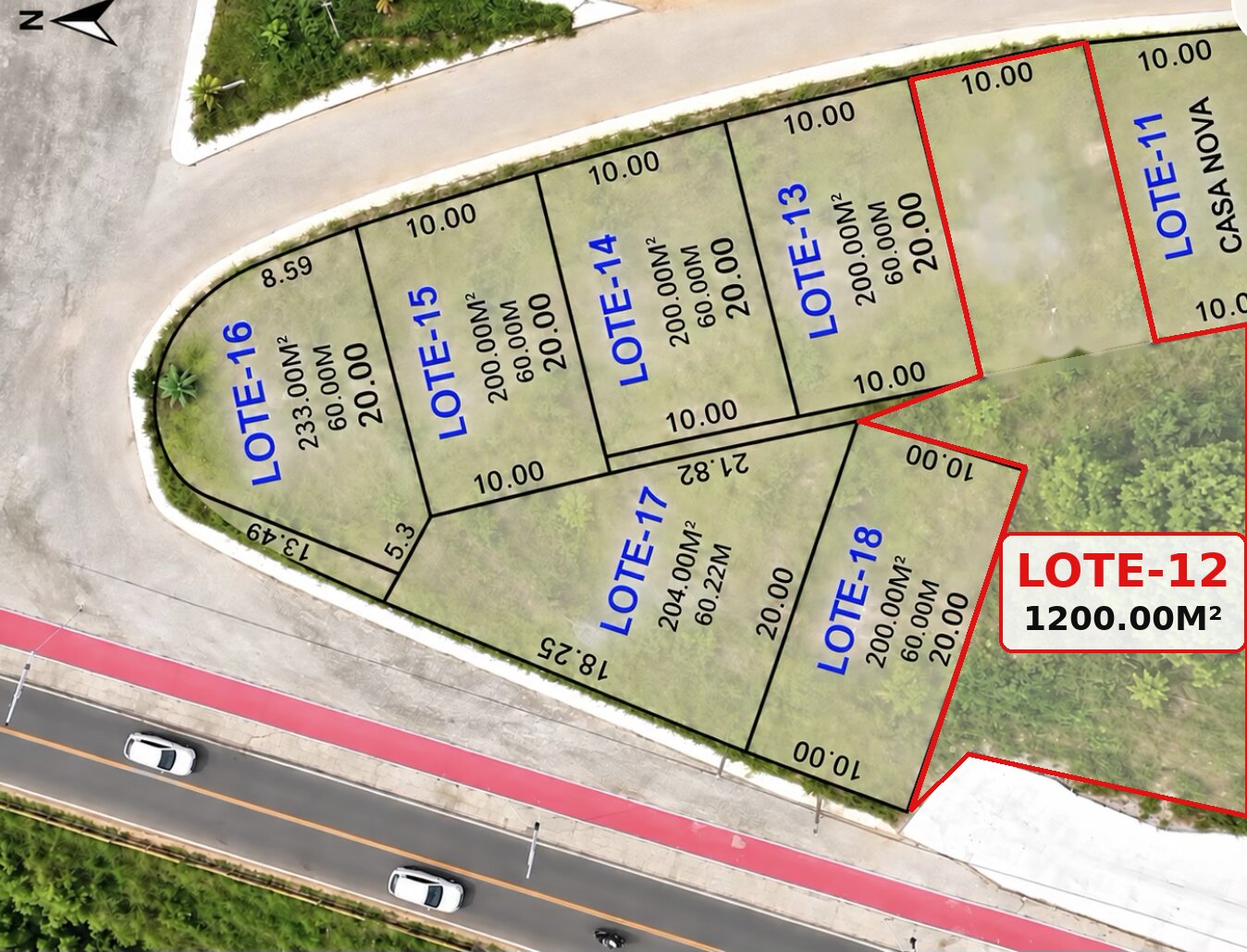 Aerial plot plan showing Lotes 12 to 18 available now on Ilha de Itaparica